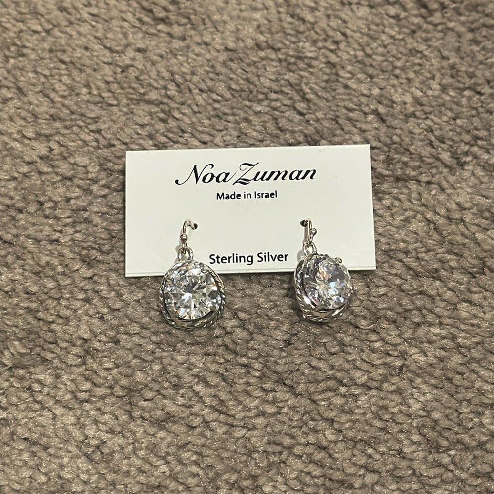 Noa Zuman Sterling Silver Clear CZ Teardrop Dangle Earrings Made in Israel